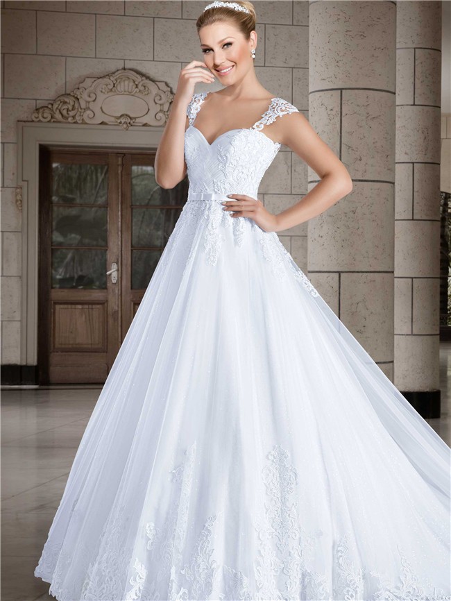 Ball Gown Sweetheart Cap Sleeve Straps Tulle Lace Wedding Dress Sheer Back Buttons