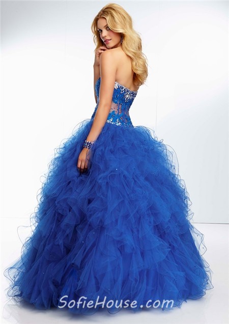 Ball Gown Sweetheart Sheer See Through Corset Royal Blue Tulle Ruffle