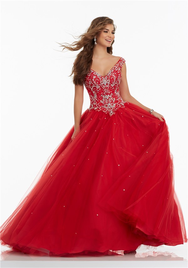 Ball Gown V Neck Basque Waist Red Tulle Beaded Prom Dress
