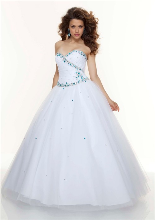 Ball Gown Sweetheart Floor Length White Beaded Tulle Prom Dress With