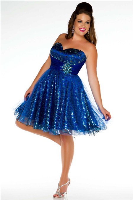 Ball Sweetheart Mini Short Royal Blue Sequined Beaded Plus Size Party