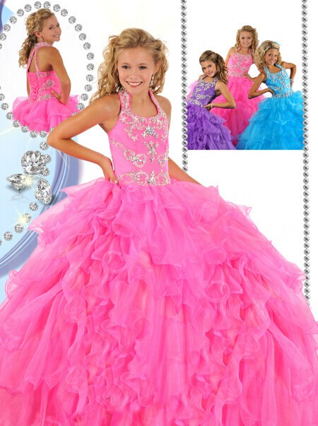 Beauty Puffy Pink Organza Ruffle Beaded Little Girls Pageant Party Prom