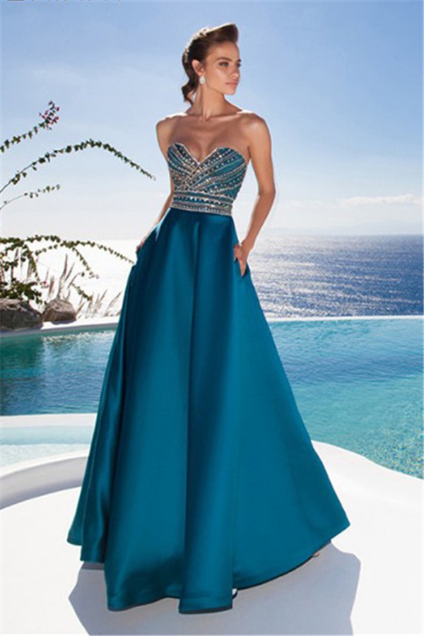 Charming A Line Strapless Long Teal Satin Beaded Prom Dress