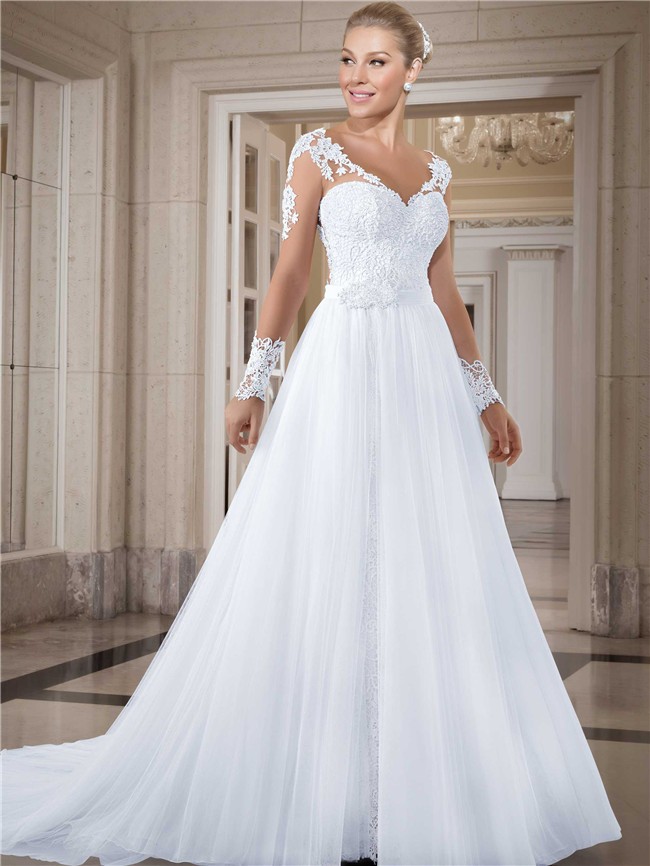 Charming V Neck Long Sleeve Lace Tulle Two In One Wedding Dress