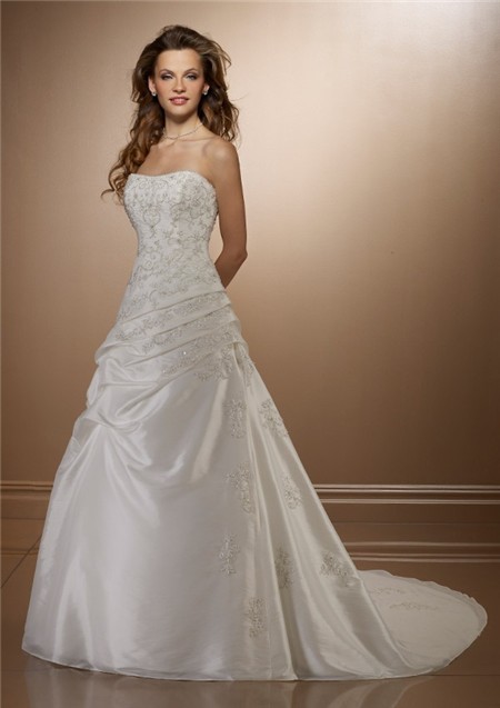 Classic A Line Strapless Ruched Taffeta Lace Beaded Wedding Dress ...