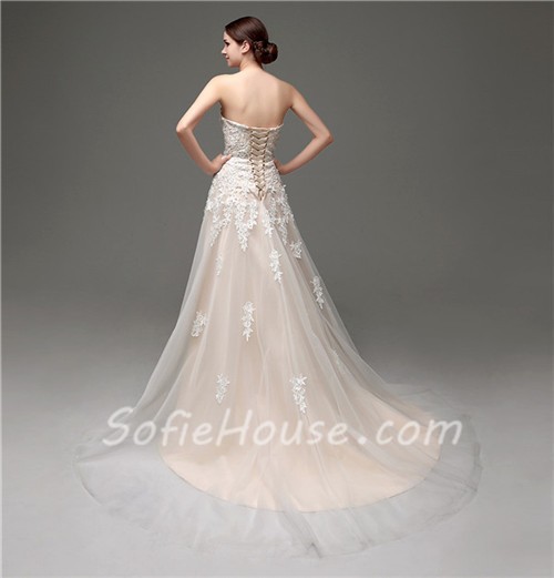 Classy A Line Strapless Champagne Satin Ivory Lace Wedding Dress Corset Back