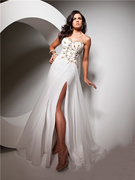 Couture Sweetheart Floor length White Chiffon Evening Prom Dress With ...