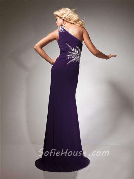 Designer Sheath One Shoulder Purple Chiffon Prom Dress With Beading ...