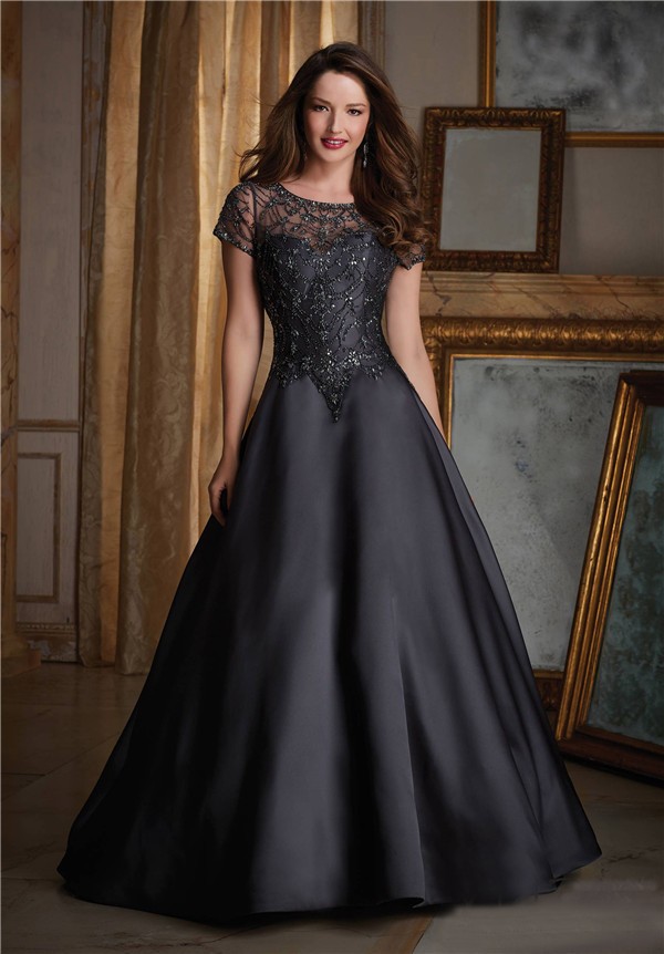 Elegant A Line Black Satin Tulle Beaded Formal Occasion Evening Dress