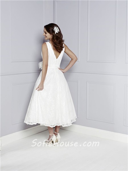 Elegant A Line V Neck And Back Tea Length Lace Wedding Dress With Sash ...
