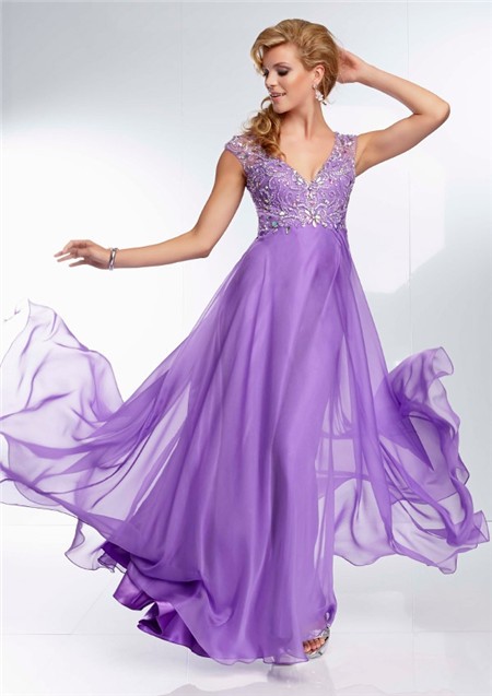 Elegant A Line V Neck Backless Long Lavender Purple Beading Prom Dress ...