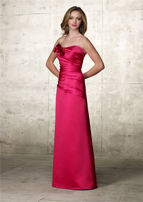 Elegant A Line Strapless Long Hot Pink Satin Wedding Guest Dress