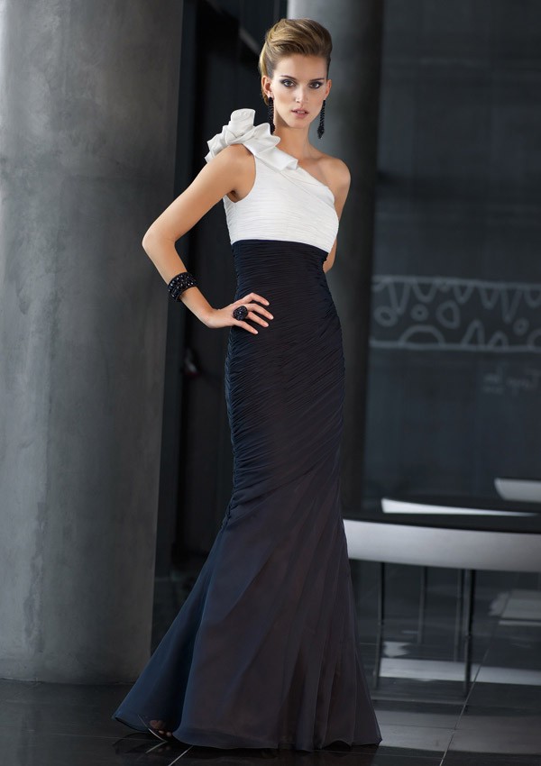 Elegant Mermaid One Shoulder Black And White Chiffon Ruched Occasion