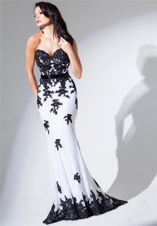 black and white lace prom dress