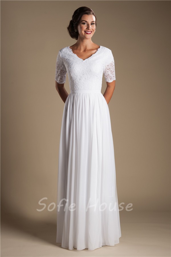 Elegant Sheath Short Sleeve Lace Chiffon Modest Beach Wedding Dress ...