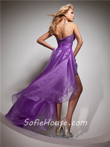 Elegant Sweetheart High Low Purple Organza Party Prom Dress With ...