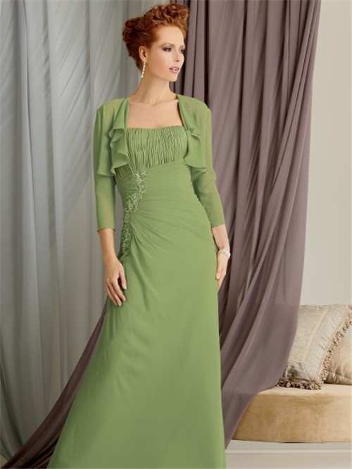 Elegant strapless floor length green chiffon mother of the bride dress ...