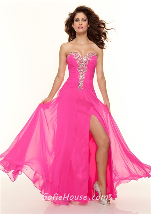 Elegant sweetheart floor length hot pink chiffon prom dress with beading