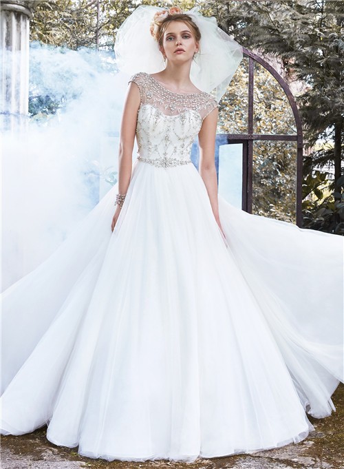 Fairy Ball Gown Bateau Neckline Backless Tulle Crystal Beaded Wedding Dress