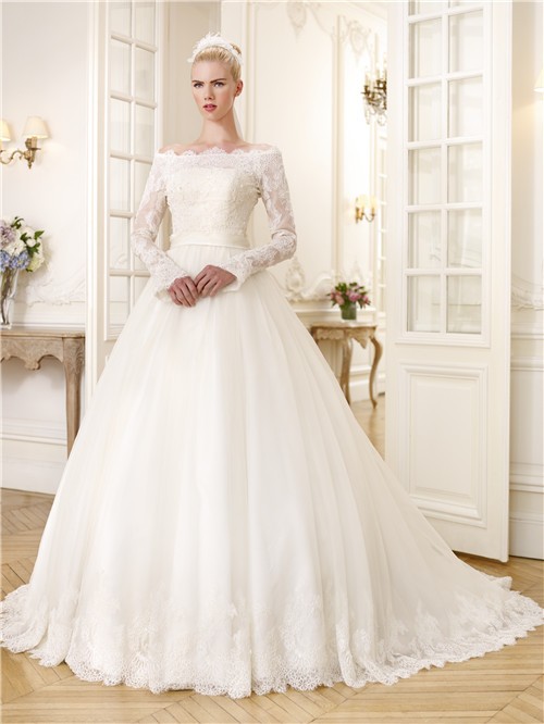 Fairy Ball Gown Off The Shoulder Long Sleeve Organza Lace Wedding Dress ...
