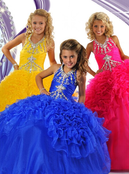 Fancy Ball Gown Halter Royal Blue Organza Ruffle Beaded Girls Pageant