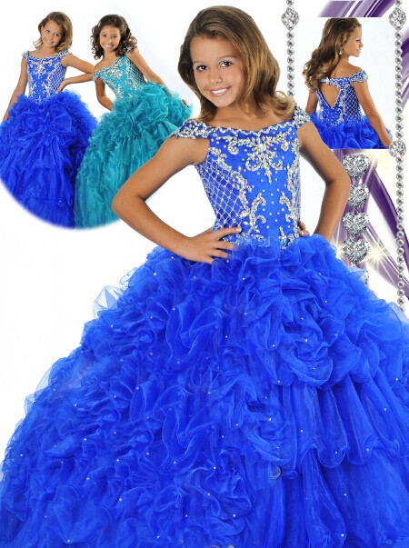 Fancy Ball Gown Royal Blue Tulle Beaded Girls Pageant Party Prom Dress