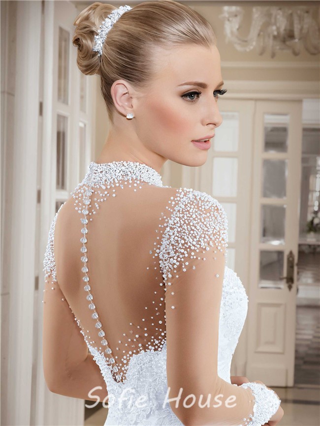 Fantastic High Neck Illusion Long Sleeve Lace Tulle Pearl Wedding Dress