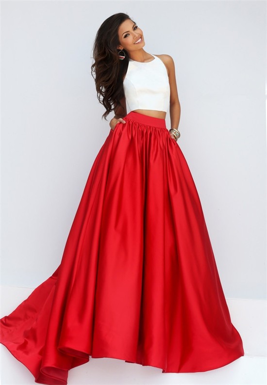 red and white 2 piece prom dress