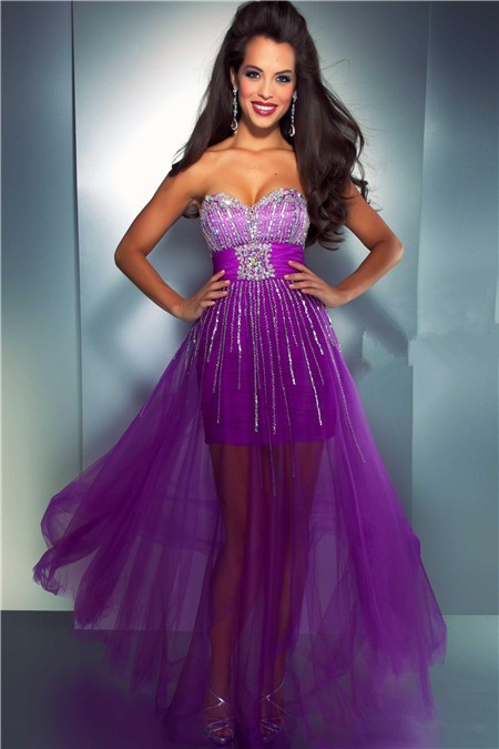 Fashion Sweetheart High Low Purple Tulle Beaded Sequin Prom Dress