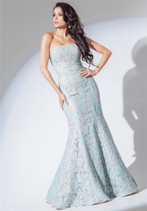 Fit And Flare Mermaid Strapless Light Blue Lace Evening Prom Dress