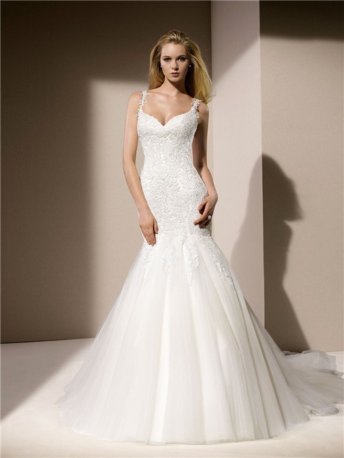 Fit And Flare Mermaid Sweetheart Neckline Venice Lace Tulle Wedding Dress With Straps