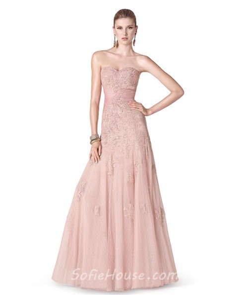 Fitted A Line Strapless Sweetheart Long Blush Pink Tulle Lace Evening Prom Dress 5864