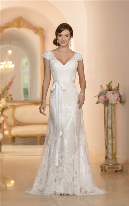 Fitted A Line V Neck Cap Sleeve Open Back Lace Wedding Dress With Sash