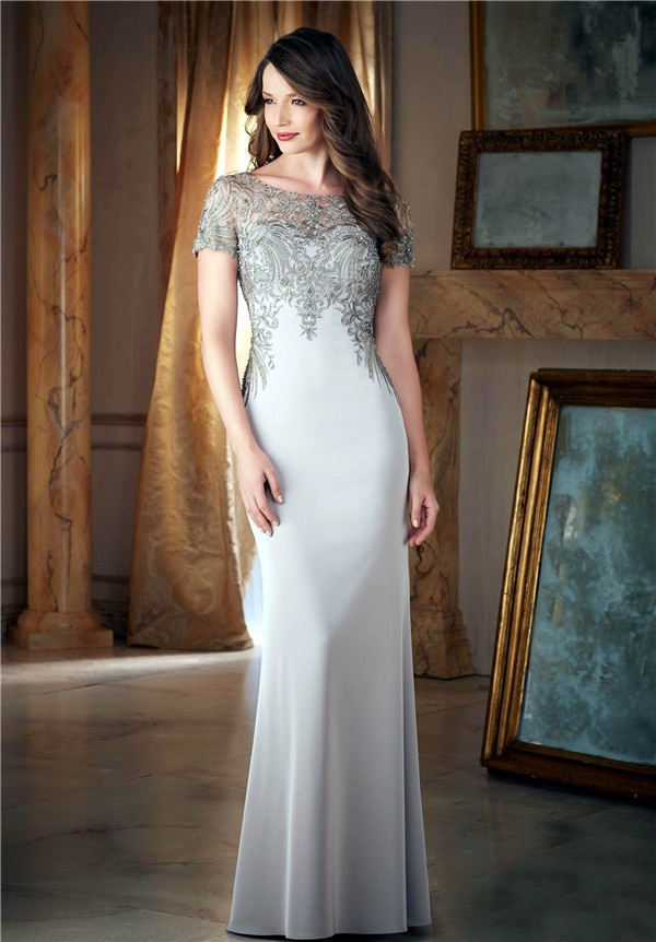 Fitted Bateau Neck Long Silver Satin Embroidery Beaded Evening Dress