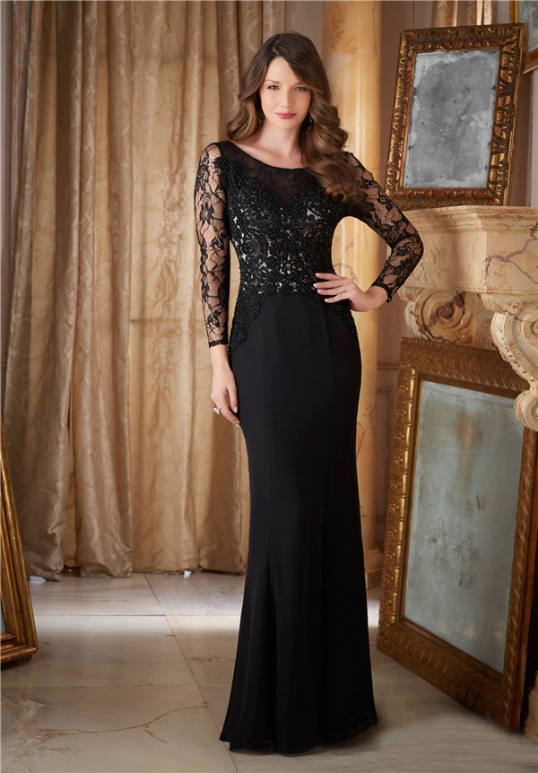 Fitted Boat Neck Open Back Black Chiffon Lace Evening Dress With Long