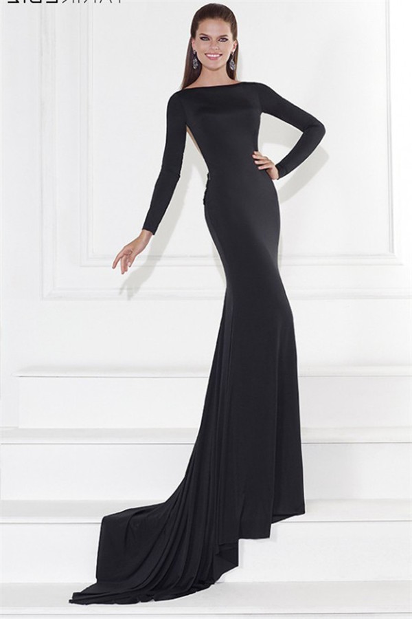 Fitted Long Sleeve Sheer Illusion Back Black Jersey Evening Prom Dress