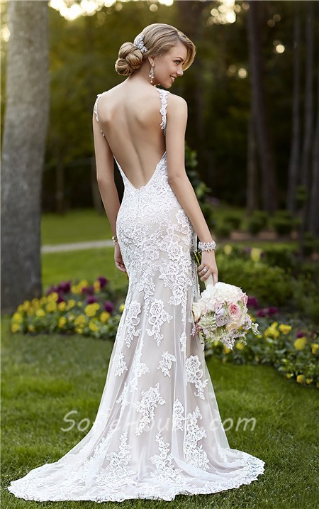 Fitted Mermaid Backless Champagne Satin Ivory Lace Wedding Dress With Straps 7924