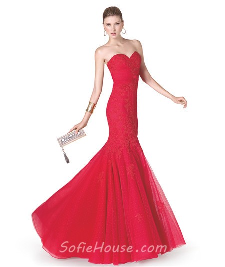 Fitted Mermaid Strapless Sweetheart Red Tulle Lace Long Evening Prom Dress 7760