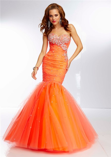 Fitted Mermaid Sweetheart Long Bright Orange Tulle Beaded Prom Dress ...