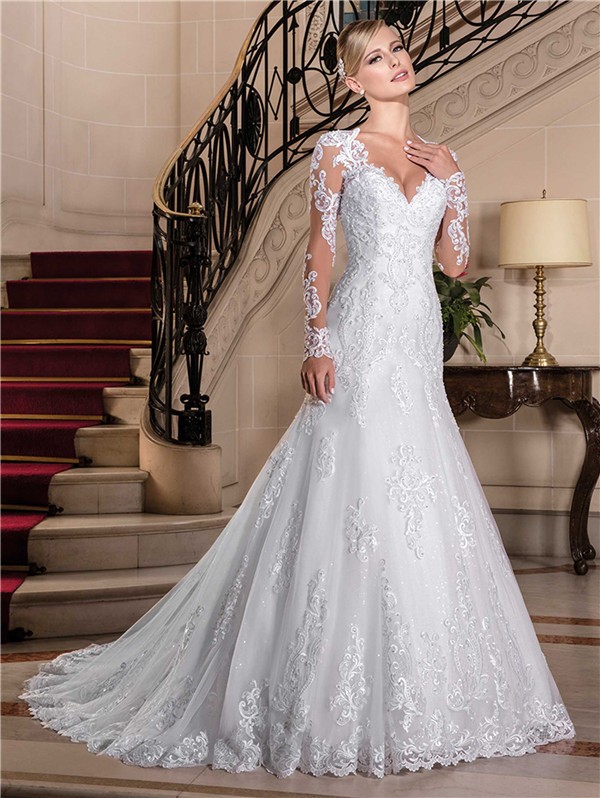 Fitted Trumpet V Neck Sheer Back Long Sleeve Tulle Lace Wedding Dress