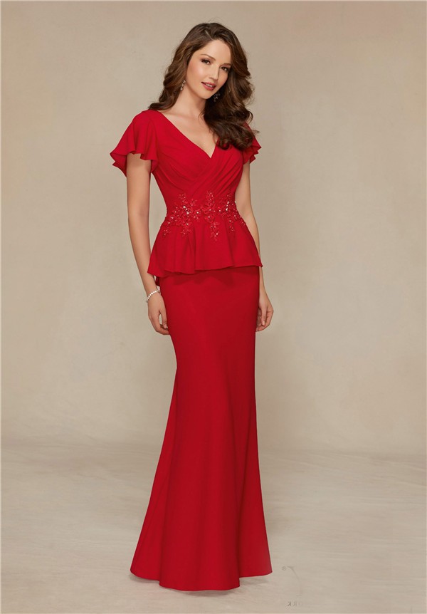 Fitted V Neck Flare Sleeve Red Chiffon Peplum Special Occasion Evening Dress