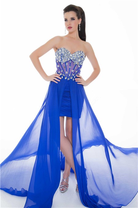Flowing Strapless Long Royal Blue Chiffon Beaded Sheer Corset Party