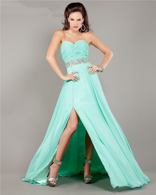 Flowy Strapless Long Mint Green Chiffon Ruched Prom Dress With Slit