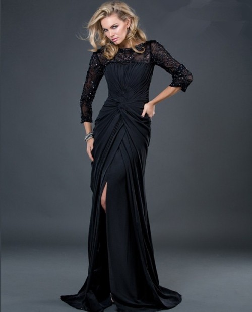Formal sheath long black jersey evening dress with beaded lace sleeves