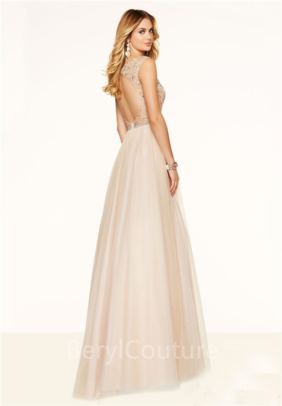 Gorgeous A Line Bateau Neck Open Back Long Champagne Tulle Beaded Prom ...