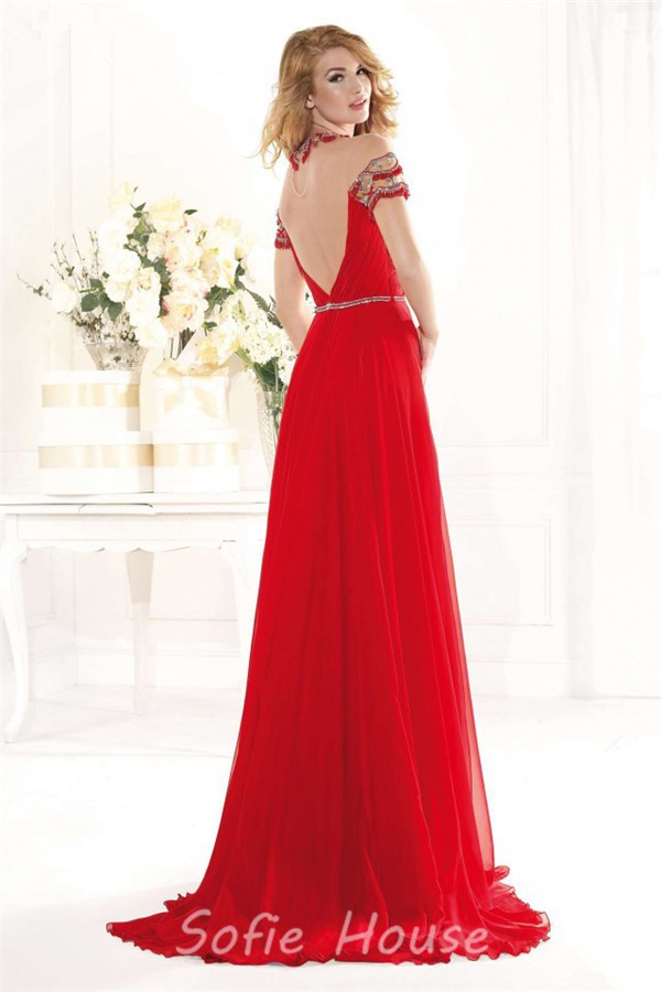 Gorgeous Jewel Neckline Sheer Back High Slit Red Chiffon Beaded Prom Dress