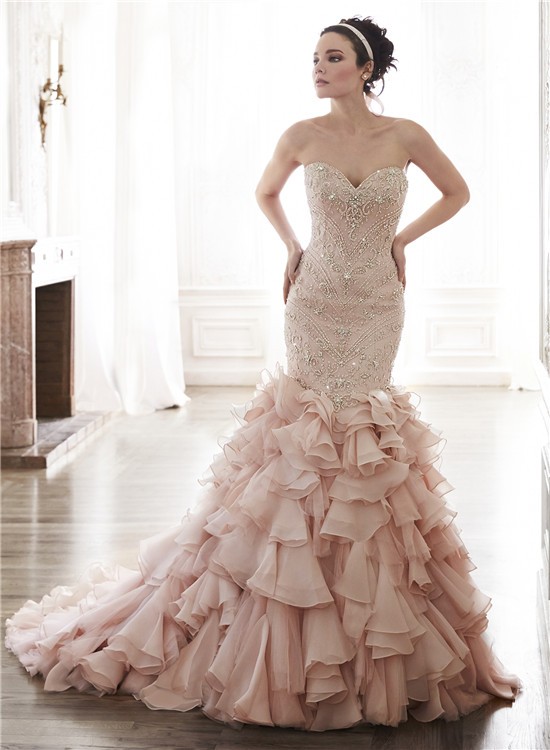 Gorgeous Mermaid Strapless Blush Pink Organza Ruffle Crystal Beaded Wedding Dress 5439