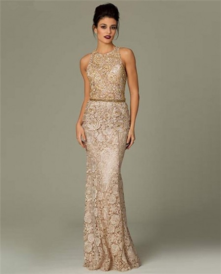 Gorgeous Sheath High Neck Long Champagne Venice Lace Beaded Occasion ...