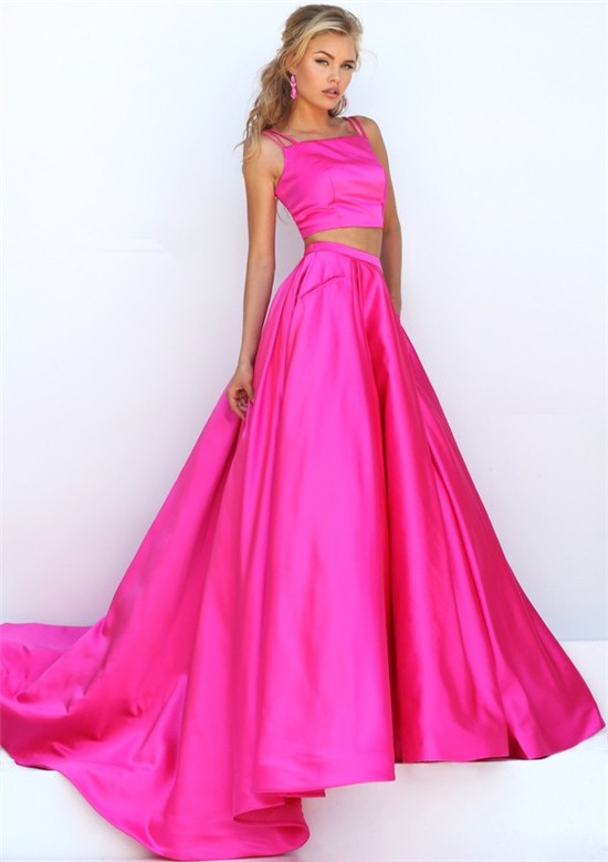 Two Piece Hot Pink Silk Satin Prom Dress With Spaghetti Straps