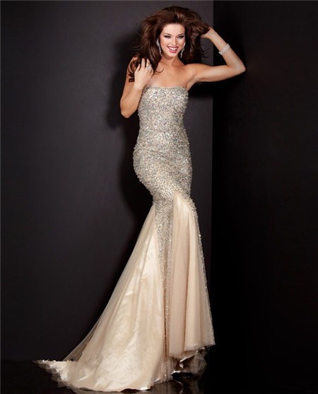 Graceful Mermaid Strapless Champagne Tulle Heavy Beaded Prom Dress